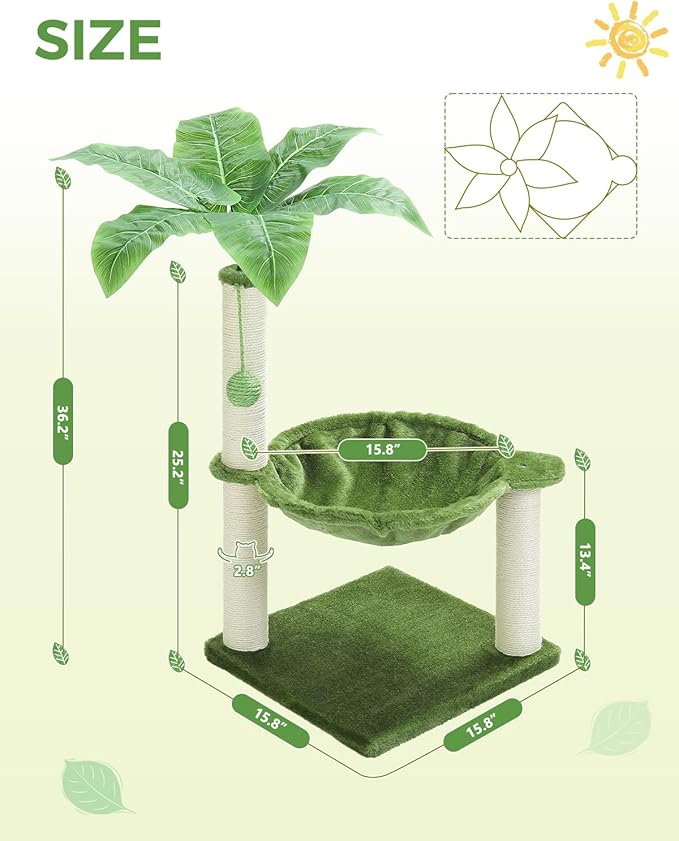 Small Cat Tree, 28" Cat Tower with Sisal Scratching Posts and Coconut Leaves for Indoor Small Cats, Large Hammock and Dangling Ball for Kittens, Green-Mewly Pet