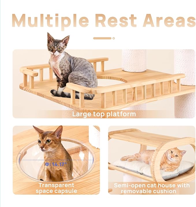 77‘’ Modern Cat Tree, Tall Wood Cat Tower for Indoor Cats Large Adult, Heavy Duty Cat Tree with Scratching Post, Luxury Kitty Condo, Sturdy Cat Furniture with 1 Transparent Bed and 3 Climb Labber