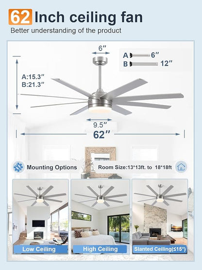 YUHAO 62 Inch Brushed Nickel Ceiling Fan with Light and Remote Control.Noiseless,Dimmable,3CCT,6 Speeds Reversible, DC Ceiling Fans for Indoor or Covered Outdoor
