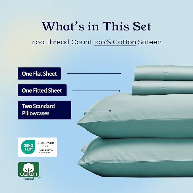 California Design Den Full Size Bed Sheets Set - Soft 400 Thread Count Sateen, Natural 100% Cotton Sheets with Deep Pockets, Breathable, Cooling and Durable Bedding Set - Teal