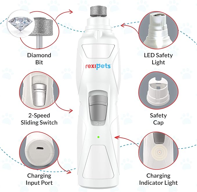 Cat and Dog Nail Grinder - Rechargeable Electric Pet Nail Clipper & Trimmer- Painless Paws Grooming - Quiet 2-Speed Motor. 3 Size Ports for Small, Medium, Large Pets- Up to 4 Hours of Charge-Mewly Pet
