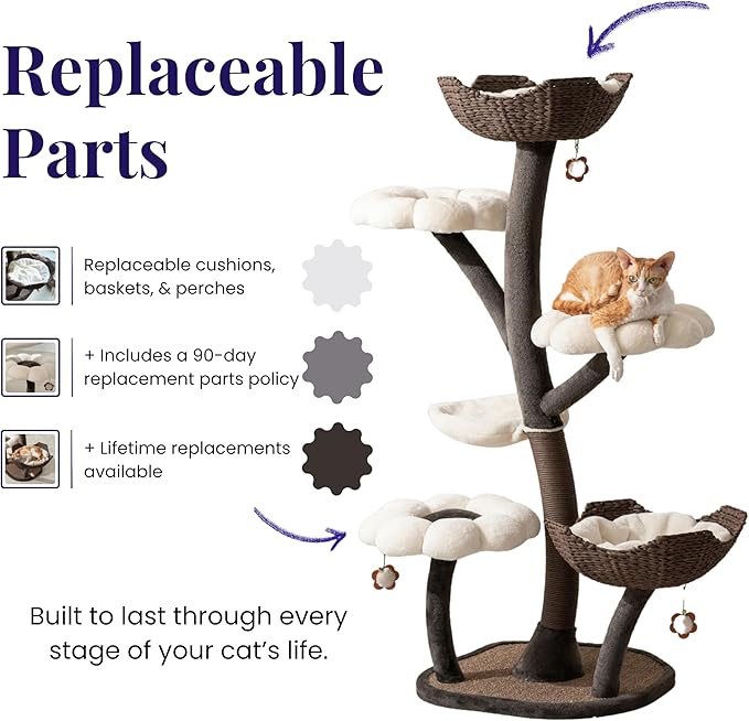Catry Blossom 59" Flower Cat Tree with Replaceable Flower Perches and Scratching Posts, Handwoven Baskets with Washable Beds, Durable Iron Frame for Large & Multi-Cat Homes-Mewly Pet