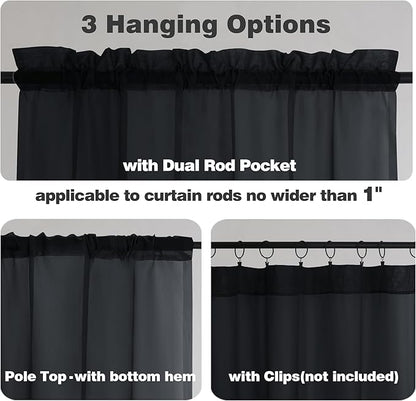 Chyhomenyc Sheer Black Valances for Windows 2 Pack, Small Window Curtains for Living Room Bathroom Cafe Laundry Basement, Modern Top Dual Rod Pocket Voile Curtain, 42W x 18L inches, Black