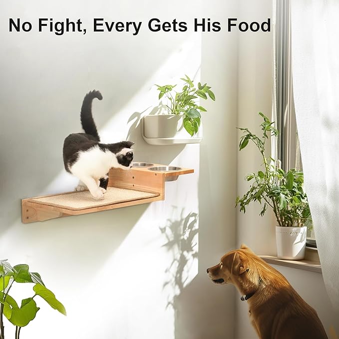 FUKUMARU Cat Wall Shelves, 3 In 1 Cats Walls Furniture Set, Food Station with 2 Steps , Solid Rubber Wood Perch, Suitable for Kitten Play, Nap, Eat, DIY Wall Jungle Gym-Mewly Pet