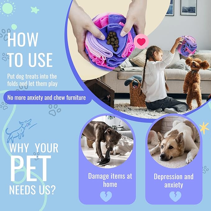Pet Snuffle Ball, Puzzle Sniffing Interactive Dog Ball for Blind Dogs Training Stress Relief Dog Enrichment Toys Treat Machine Washable (20cm, Pink and Purple)-Mewly Pet