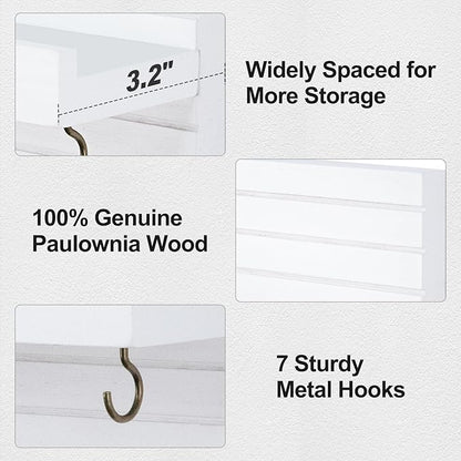 Decorative Key Holder for Wall with Shelf, Entryway Shelf with Hooks Holds Leashes, Jackets and Glasses – Sturdy Wood Keyholder Entrance Hanger with Mounting Hardware (White, Large)