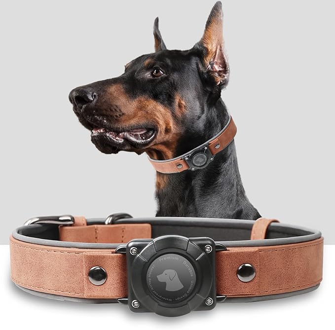 AirTag Dog Collar - Leather Dog Collar with Air Tag Holder | IPX8 Waterproof, Reflective, High - End, Adjustable Soft Padded | Dog GPS Tracker Collars Fit for Medium Large Dogs (Mahogany Brown, XL)-Mewly Pet