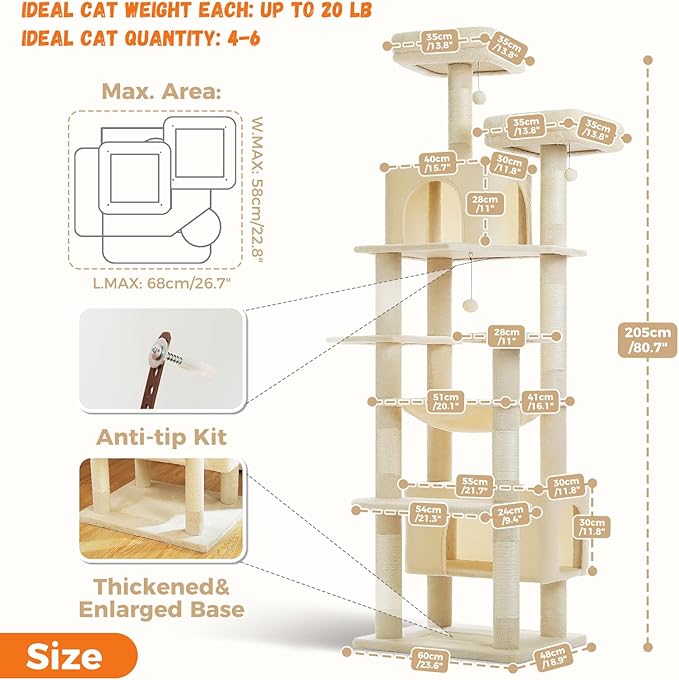 PAWZ Road Heavy Duty Cat Tree for Large Cats, 81 Inches Tall Cat Tower with 2 Perches, 2 Condos and Spacious Hammock, XL Extra Large Condo with 7 Scratching Posts for 20lb+ Adult Cats,Beige-Mewly Pet