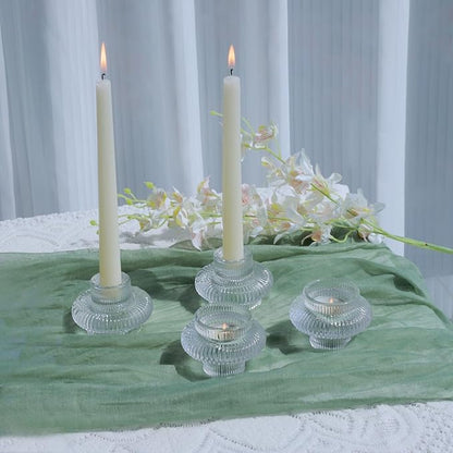 VOHO Vintage Candlestick Holders Set of 6, Dual Sided Candle Sticks Holder Decor for Taper Candles/Tea Lights Candles, Ribbed Candle Holder for Dining Table Centerpiece, Wedding/Christmas Decor(Clear)