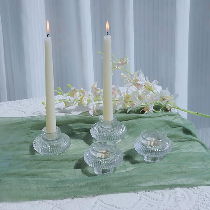 VOHO 12pcs Taper Candle Holders Ribbed Glass, Stylish Boho Candle Holder Stackable and Reversible for Candlesticks & Votive Candles, Clear Candle Sticks Holder Decor for Dining Table Centerpiece
