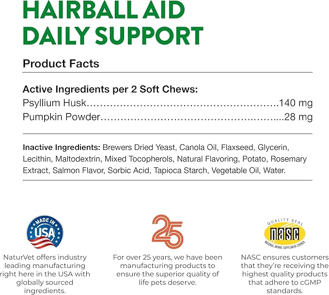 NaturVet – Hairball Aid Supplement for Cats - Plus Pumpkin – Helps Eliminate & Prevent Hairballs – 60 Soft Chews-Mewly Pet