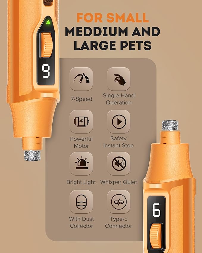 YABIFE 7-Speed Pet Nail Grinder with Light – Heavy Duty, Whisper Quiet Nail Trimmer for Dogs, Cats, Birds & Small Animals – Single-Handed Operation-Mewly Pet