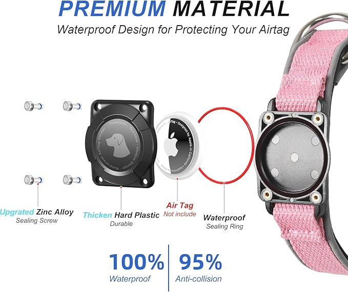 Waterproof Airtag Dog Collar - Nylon Collar with Durable Airtag Holder, Reflective&Anti-Lost with Safety Metal Buckle, Soft Padded Adjustable for Small Medium Large Dogs Pink M-Mewly Pet