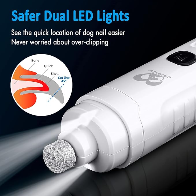 Casfuy Dog Nail Grinder with 2 LED Light for Large Medium Small Dogs - 3X More Powerful 2-Speed Electric Pet Nail Trimmer Rechargeable Quiet Painless Paws Grooming & Smoothing Tool (White)-Mewly Pet