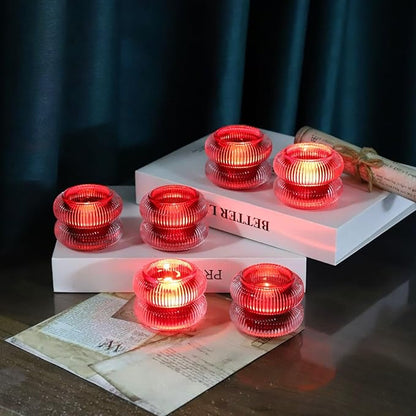 Woho Ribbed Glass Votive Candle Holders Set of 6, Red Tealight Candle Holder for Wedding Table Decor, Vintage Tea Lights Candle Holder for Christmas/Valentines Day Decorations (Red, 2.1" H X 2.75" D)