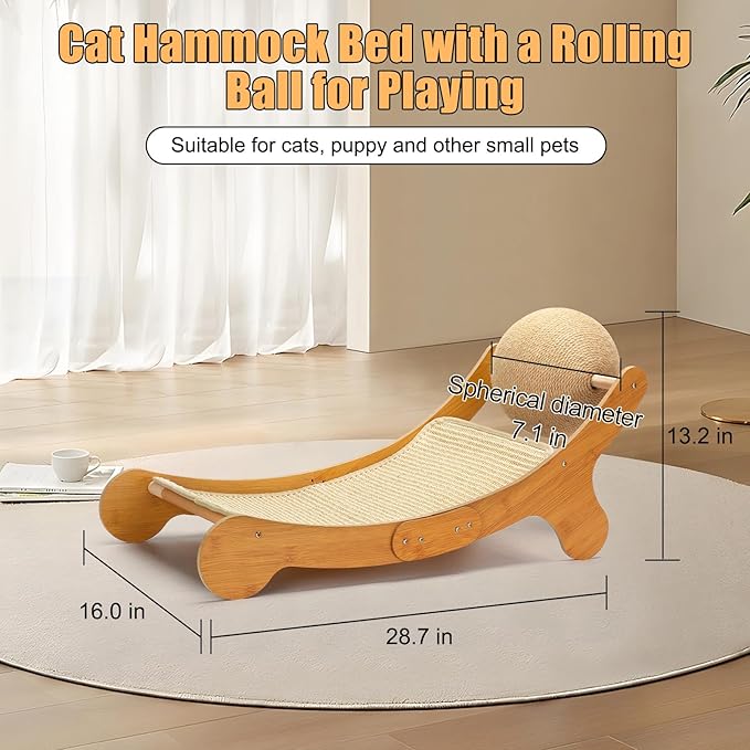 Outamateur Sisal Cat Scratcher Bed, Cat Hammock Chair, 3 in 1 Cats Scratcher Lounge, Cats Mini Beach Chair with Toy Ball, Pet Beds with Removable Sisal Pad for Indoor Small Animal, Puppy, Rabbit-Mewly Pet