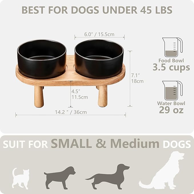 Ceramic Elevated Dog Bowls, Pet Food and Water Bowl Set for Medium and Small Dogs, 3.5 Cups Dog Bowls Raised with Wood Stand, 29OZ, Black-Mewly Pet