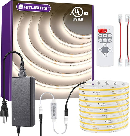 HitLights COB White LED Strip Lights Kit with Remote & 24V Power Supply, 16.4ft Dimmable Tape Light 4000K, 2560LEDs, 350+ LM/FT, UL Listed, Flexible Rope Lights for Bedroom, Kitchen, Cabinet Lighting