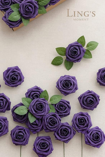 Ling's moment Artificial Flowers 25Pcs Deep Purple Roses Decor w/Stems,3" Real Touch DIY Foam Floral for Wedding Bouquet/Centerpieces, Outdoors Party Backdrop, Room/Table, and Garden/Pot Decorations