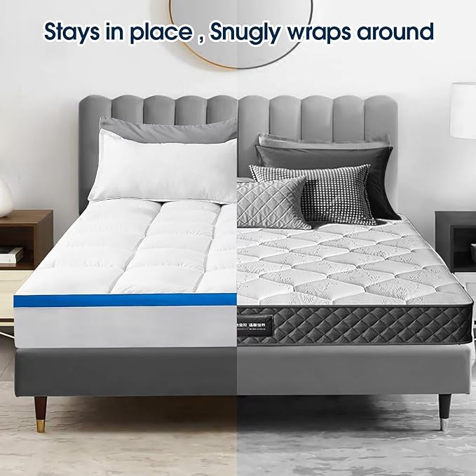 Queen Mattress Topper, CYMULA Cooling Mattress Pad Cover PillowTop for Bed Back Pain, Extra Thick Mattress Protector Firm Soft Floor Fill Overfilled with 8-21 Inch Deep Pocket, 60"x80"White