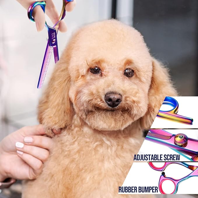 Gimars Dog Grooming Scissors Kit Professional 4CR with Safety Round Tip, 5 in 1 Heavy Duty Titanium Coated Thinning & Curved & Straight Shears-Mewly Pet