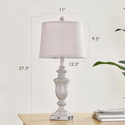 27.5" Set of 2 Farmhouse Table Lamps for Bedroom, 3 Way Dimmable Bedside Lamp with 2 USB +AC Outlet Nightstand Lamps for Living Room Resin Rustic Touch Lamps (Antique Gray)