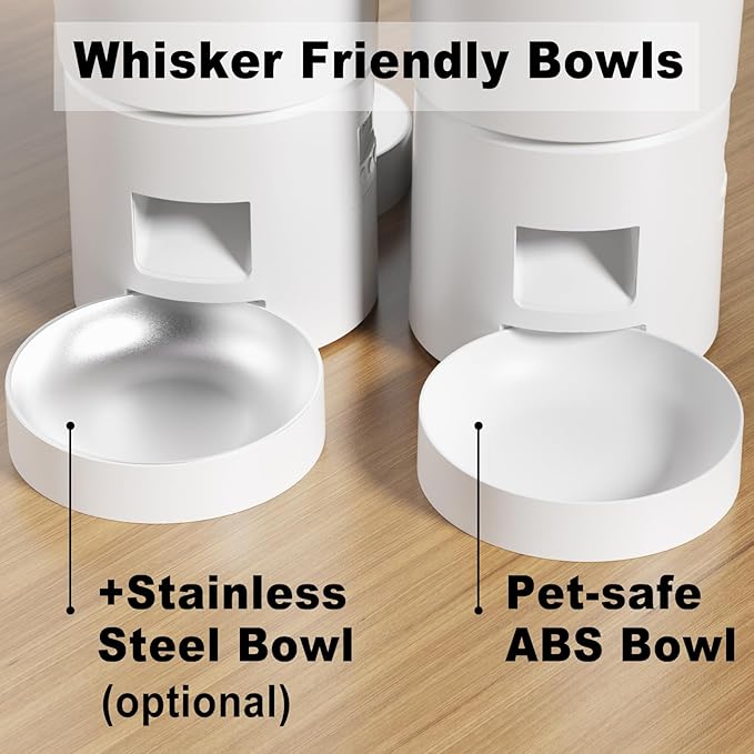 Dual Automatic Cat Feeder 2 Cats,6 Meals/Day,12 Portions/Meal,4.2L Dual Power Double Bowls Feeder,Dry Food Auto Pet Dispenser,10S Voice Record,Flexible Schedule Timer(White,Stainless Dual Bowls)-Mewly Pet