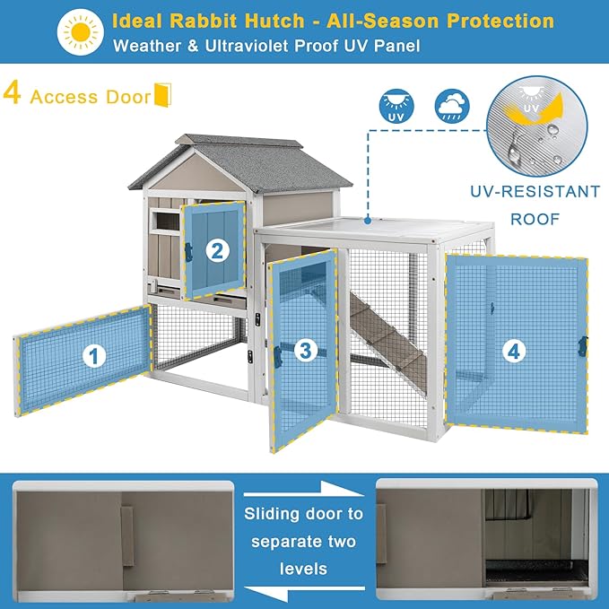 48" L Rabbit Hutch Outdoor Indoor Bunny Hutch Weatherproof, 2-Story Wood Rabbit Cage with Deep Tray, Chew-Resistant Ramp, UV Roof, Bunny House for Small Animal, Expandable Guinea Pig Cage-Mewly Pet