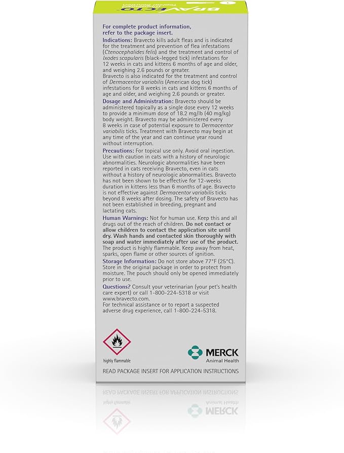 BRAVECTO Topical Solution for Cats, Flea & Tick, 12 Week Supply, 2.6-6.2 lbs., Green Box-Mewly Pet