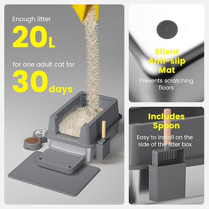 Stainless Steel Cat Litter Box - Enclosed XL Metal Kitty Litter Box with Lid for Big Cats, High Sided, Anti-Leakage, Easy Cleaning, Non-Sticky, Included Litter Mat, Cat Bowl & Spoon-Mewly Pet