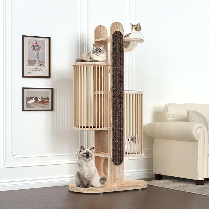 Modern Cat Tree Tower for Indoor Cats, 67" Tall Solid Wooden Cat Tower with Scratching Posts, 6 Level Natural Luxury Cat House with Big Bed, Washable Cushions Cat Furniture for Large Cats Brown-Mewly Pet