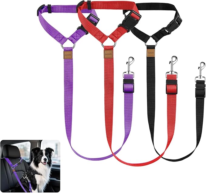 3 Pack Dog Seat Belt for Car, Car Headrest Restraint Adjustable Nylon Fabric, Dog Restraints Vehicle Seatbelts Harness (Black & Red & Purple)-Mewly Pet