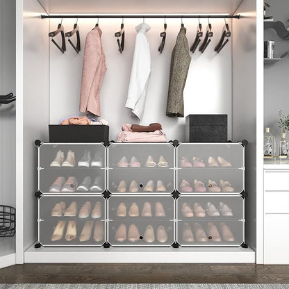 ROJASOP Portable Shoe Rack Organizer 6-Tier Shoe Cabinet 24-Pair shoe Storage Expandable Free Standing Stackable Space Shoe Rack with 2 exclusive Versatile Hooks for Bedroom Black