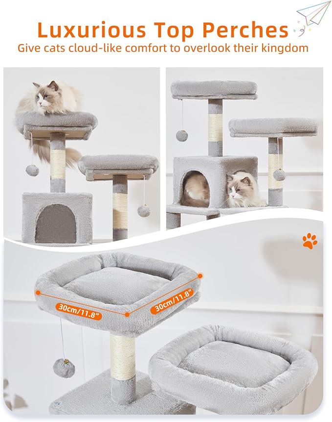 Taoqimiao Cat Tree, 68-Inch Cat Tree Cat Tower for Indoor Cats, Plush Multi-Level Cat Condo with 6 Scratching Posts, 2 Perches, 2 Caves,Hammock, 3 Pompoms,MS020SW Light Gray-Mewly Pet
