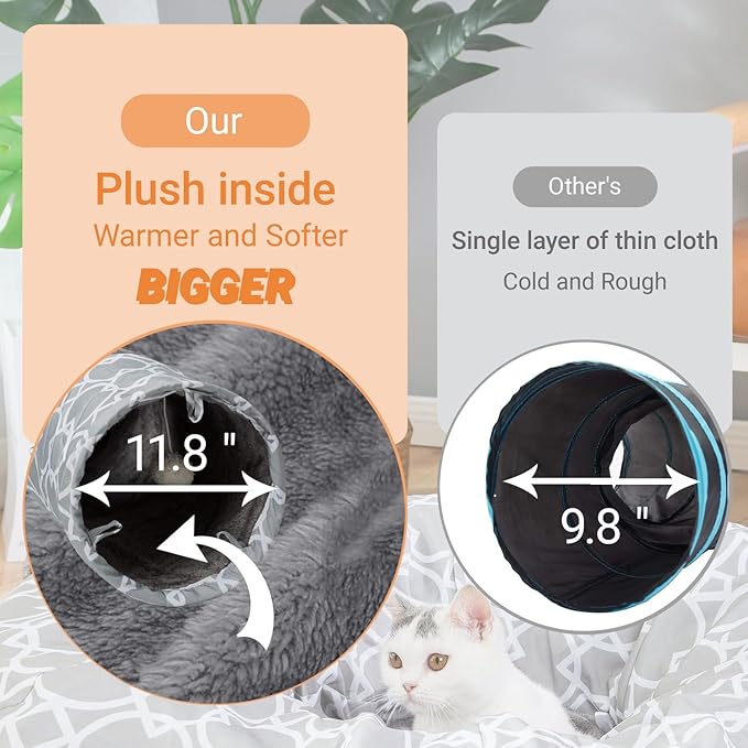 LUCKITTY Geometric Straight Cat Tunnel with Plush Inside,Cats Toys Collapsible Tunnel Tube with Balls, for Rabbits, Kittens, Ferrets,Puppy,Diameter 11.8 Inch-Mewly Pet