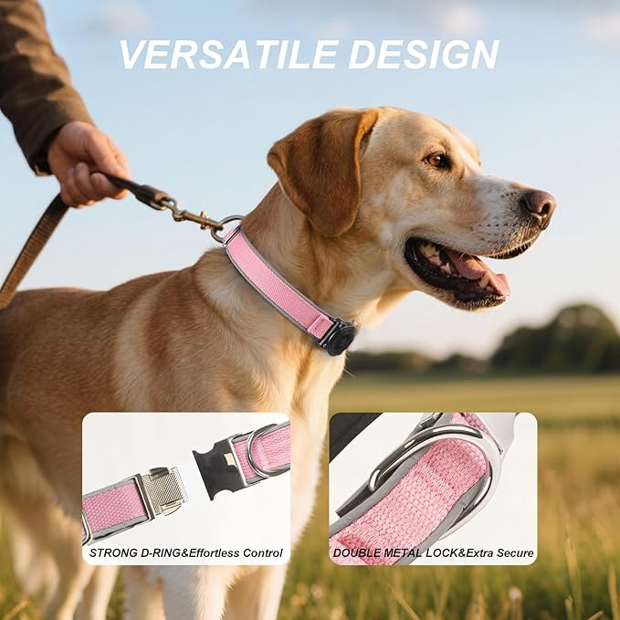 Waterproof Airtag Dog Collar - Nylon Collar with Durable Airtag Holder, Reflective&Anti-Lost with Safety Metal Buckle, Soft Padded Adjustable for Small Medium Large Dogs Pink XL-Mewly Pet