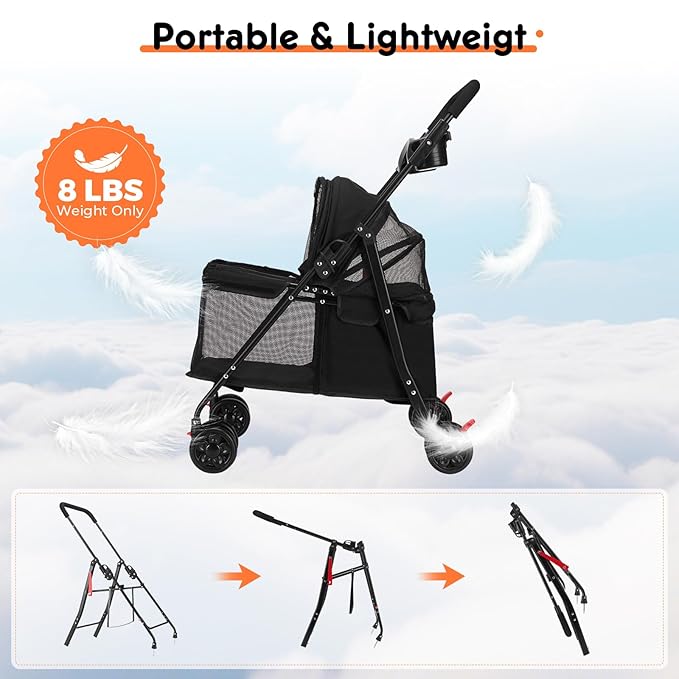 Foldable Pet Stroller for Small/Medium Pets up to 22 lbs - Lightweight 4-Wheel Design with Sun Canopy, Storage Bag & Breathable Mesh-Mewly Pet