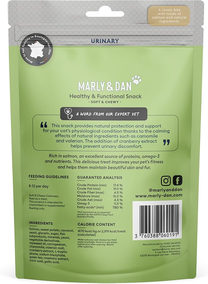 Marly & Dan Salmon Treats for Cats with Brewers Yeast & Green Tea, Urinary Recipe, 3oz Bag-Mewly Pet