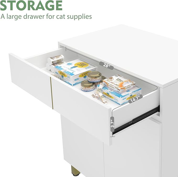 Large/Tall Litter Box Enclosure, Modern Wooden Litter Box Furniture for XL Litterbox with Drawer as Sideboard Cabinet (White)-Mewly Pet