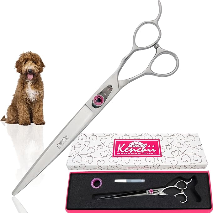 Kenchii Love Dog Grooming Scissors, 8 Inch Straight Shears, Dog Scissors for Grooming, Professional Pet Grooming Scissors, Heavy Duty, Durable and Sharp-Mewly Pet