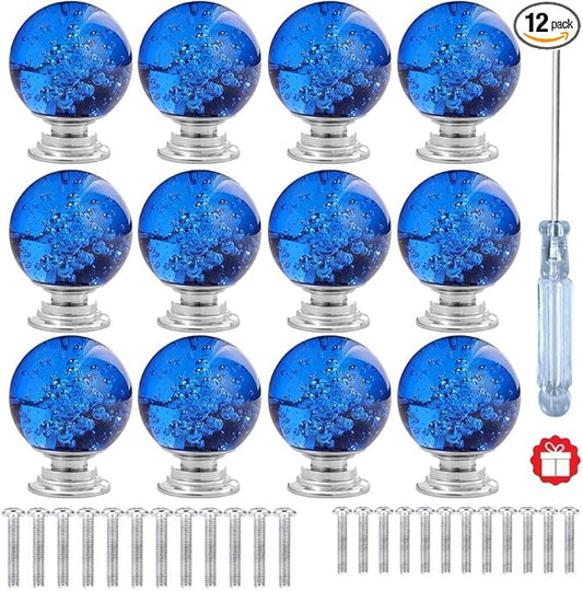 12 Pcs 30mm Round Shape Bubble Crystal Glass Cabinet Knobs with Screws Drawer Knob Pull Handle Used for Kitchen, Dresser, Door, Cupboard (Dark Blue)