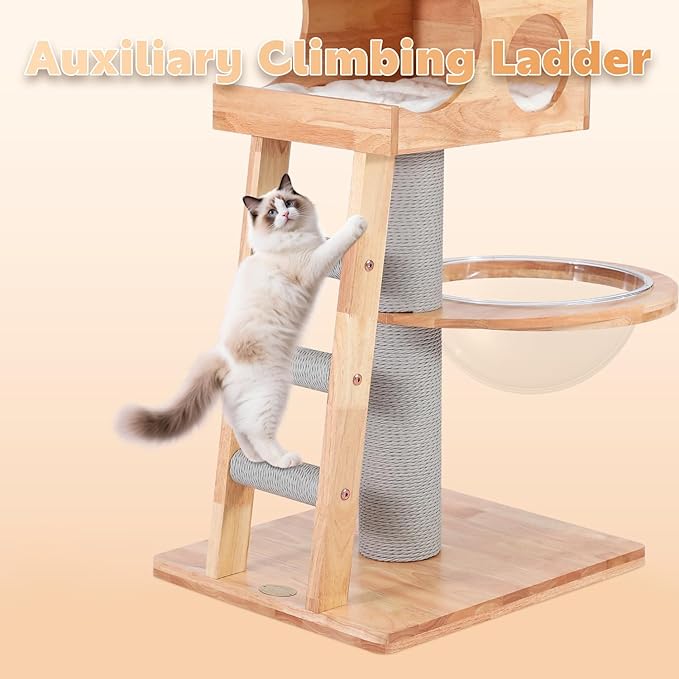 63-inch Modern Cat Tree, Luxury Cat Tower with Scratching Post, Unique Cat Condo with Hammock, Heavy Duty Kitty Climbing Tree for Indoor Cat, Wooden Kitty House for Small Medium Large Cats-Mewly Pet