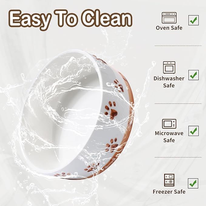 Ceramic Dog Bowls for Small and Medium Dogs, 32 OZ Dog Food and Water Bowl Set with Wooden Stand and Non-Slip Silicone Food Mat, Weighted Embossed Cute Puppy Bowls Feeding Dishes Set of 2-Mewly Pet