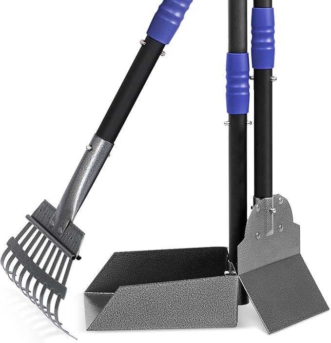 Heeyoo Dog Pooper Scooper, Dog Poop Tray and Rake Set, Pet Waste Removal Scoop with Long Adjustable Sectional Stainless Handles-Mewly Pet