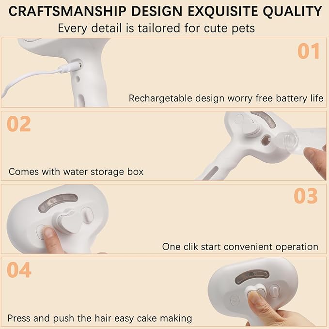 Cat Steam Brush for Shedding– 4-in-1 De-Shedding, Steam Spray, and Self-Cleaning Grooming Tool – Ideal for Long and Short-Haired Pets– Includes 2 Bottles of 120 mL Waterless Shampoo(White)-Mewly Pet