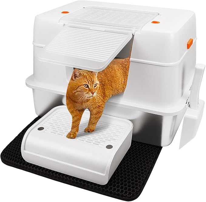 Vivifying Stainless Steel Litter Box with Lid, XL Side Entry Extra Large Litter Box for Big Cats & Kitty, Removable Enclosed Metal Cat Pan with High Sided Enclosure, Scoop, Mat, Footboard (Beige)-Mewly Pet