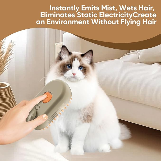 4-in-1 Cat Steam Brush for shedding–Self-Cleaning Comb for Long and Short Hair Cats and Dogs, Steam Pet Brush for Hair Removal, Vibrating Message, Grooming & Relaxation (Khaki)-Mewly Pet