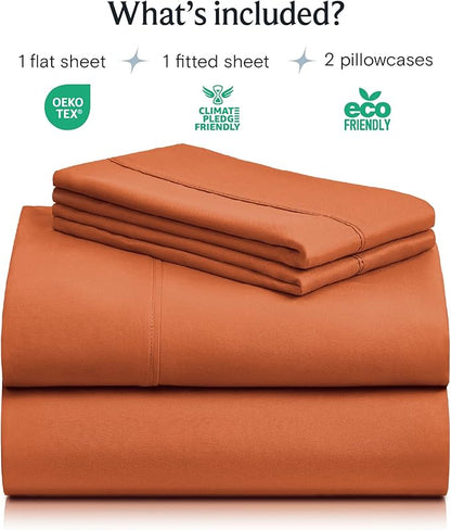 LuxClub 4 PC Queen Sheet Set, Deep Pockets Wrinkle Free Cooling Bed Sheets Hotel Bedding for Women, Men, Kids & Teens, Includes 1 Fitted Sheet, 1 Flat Sheet and 2 Pillowcases - Autumn Orange