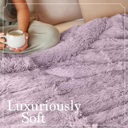 The Connecticut Home Co Throw Blanket Soft Fluffy Room Decor, Cozy Warm Throws for Bed, Couch, Gifts for Women, Bedroom Cute Aesthetic Blankets Shag and Sherpa, 65x50, Purple