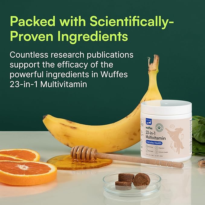 Wuffes 23-in-1 Dog Multivitamin Supplement for Hip & Joint, Skin & Coat and Immune System Support with Omega 3, Iron, Zinc, Vitamin C - Minerals & Vitamins for Senior Dogs and Puppies - 30 Soft Chews-Mewly Pet